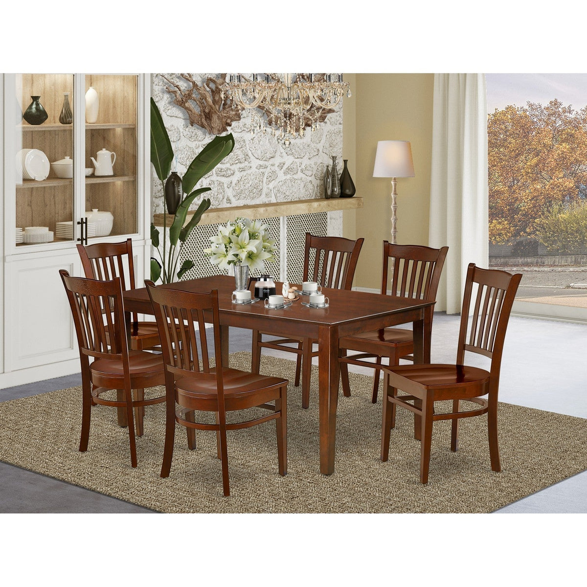 East West Furniture CAGR7-MAH-W Piece Kitchen Table Chairs Set