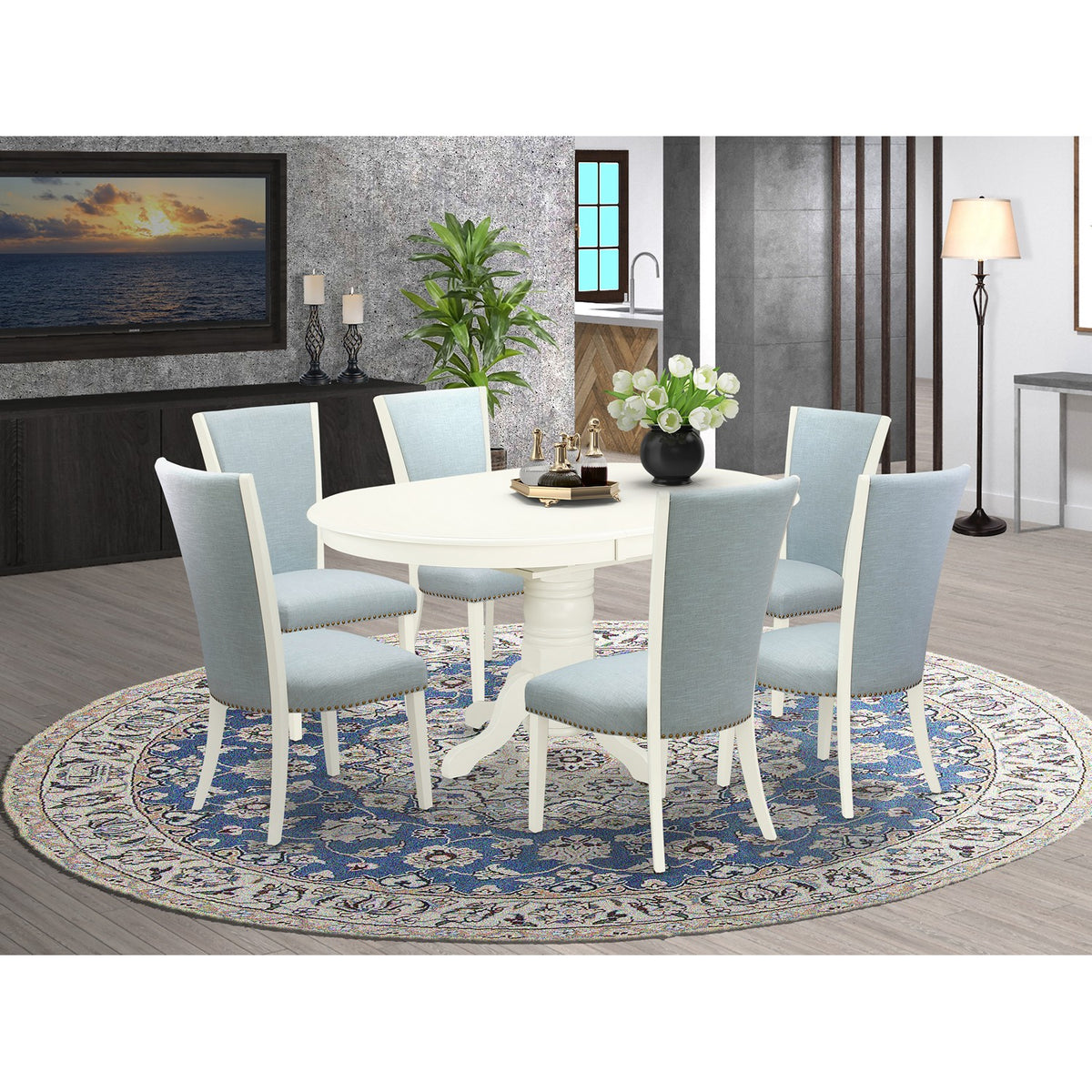 7pc Dining Set, Avon 42x60 oval pedestal table + 6 padded chairs in linen  white