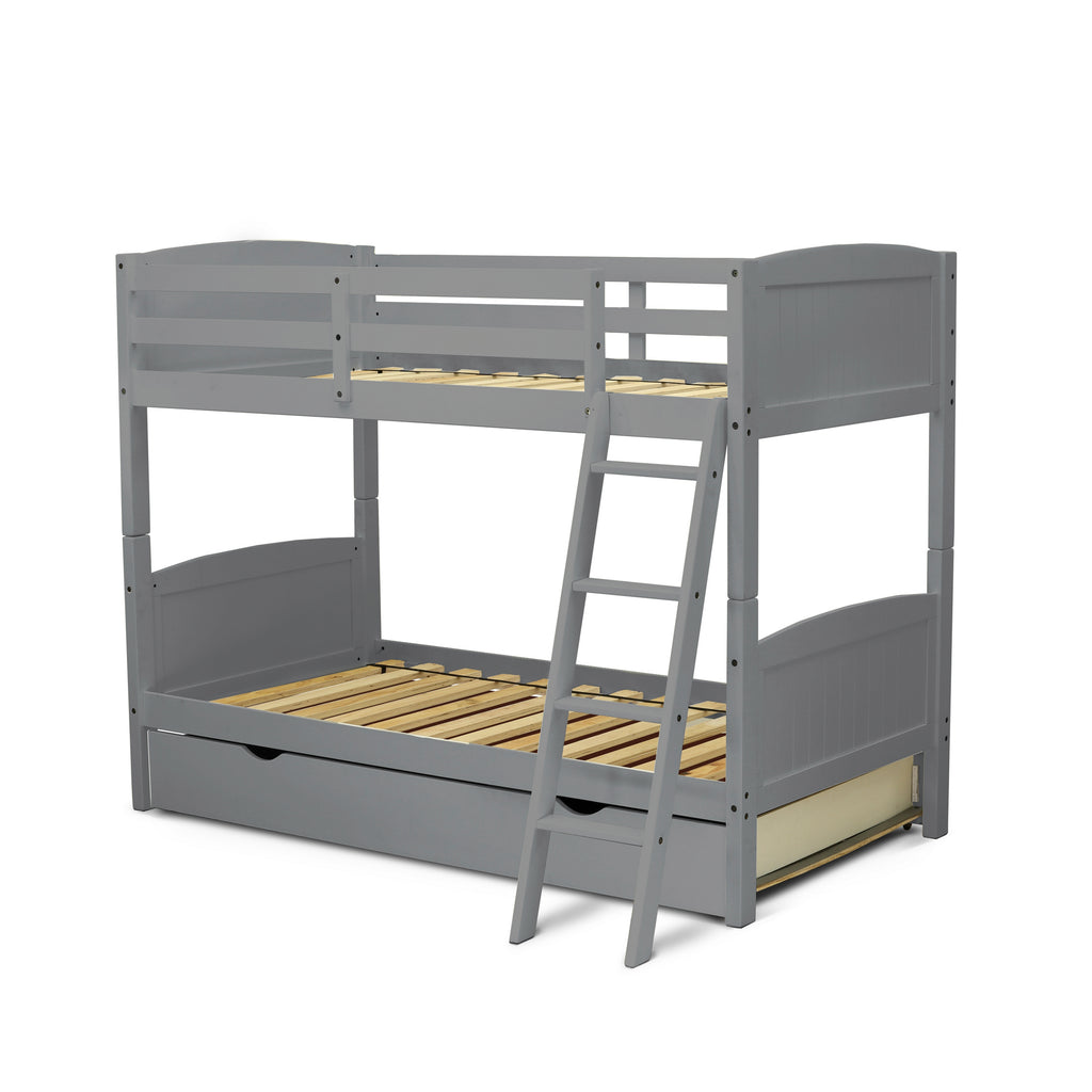 East West Furniture Albury Twin Bunk Bed in Gray Finish with Convertible Trundle & Drawer