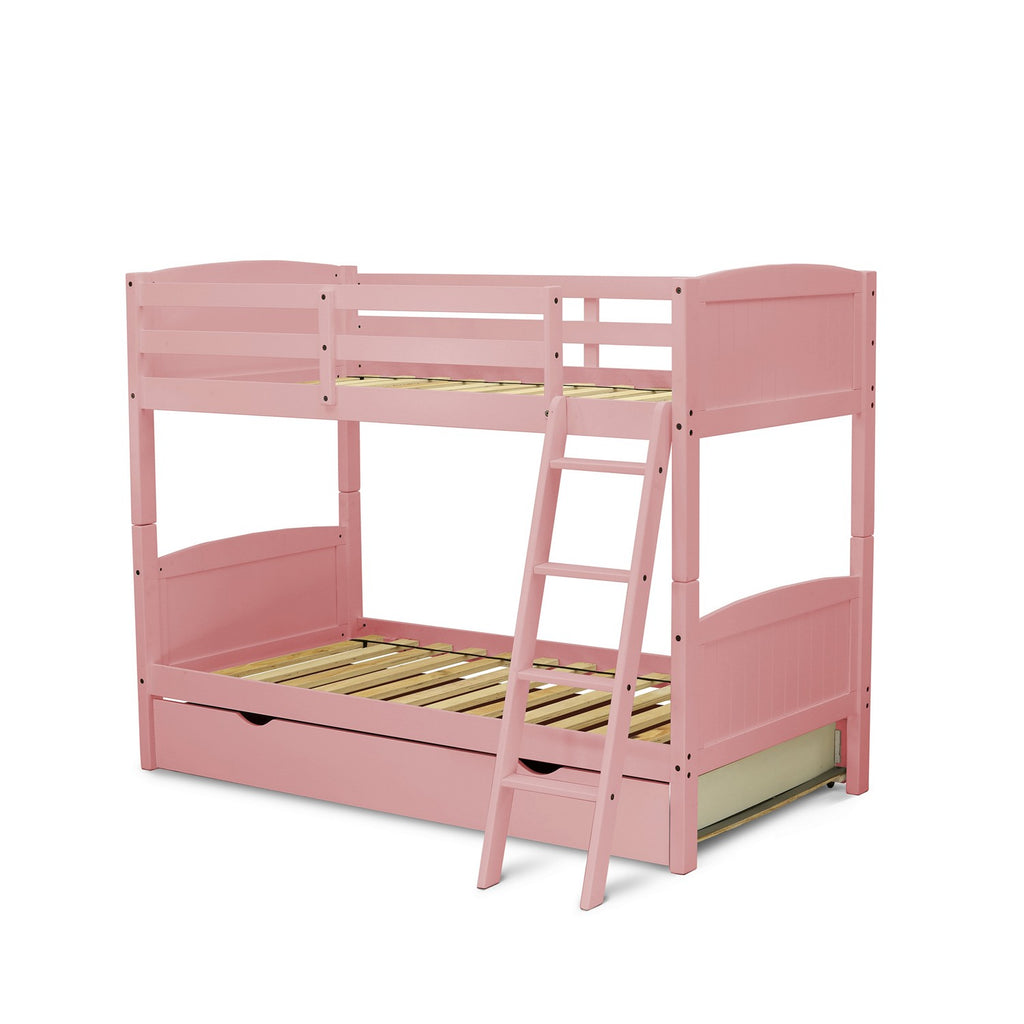 East West Furniture Albury Twin Bunk Bed in Pink Finish with Convertible Trundle & Drawer