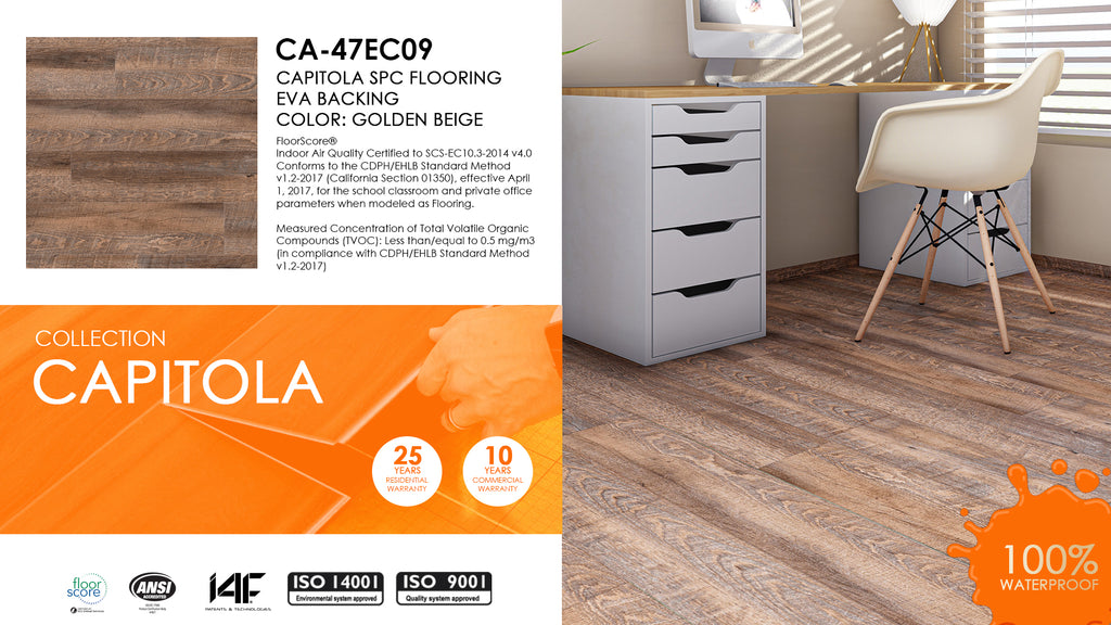 East West Furniture CA-47EC09 Capitola SPC Vinyl Flooring - 4mm x 7 in x 48 in with 20mil Wear Layer and I4F Click Locking EVA Backing Floor Planks, 30 sqft/Case, Golden Beige