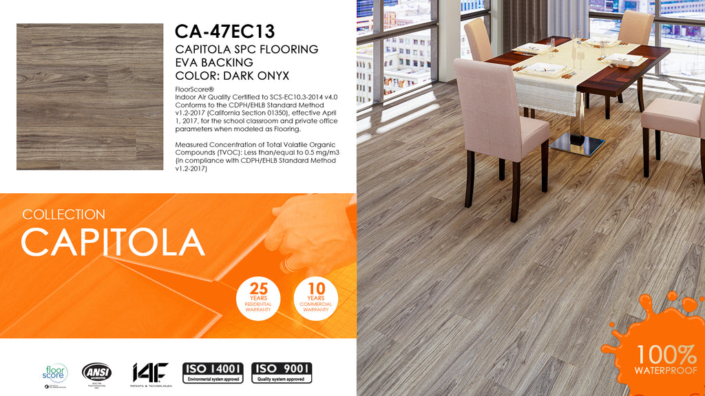 East West Furniture CA-47EC13 Capitola SPC Vinyl Flooring - 4mm x 7 in x 48 in with 20mil Wear Layer and I4F Click Locking EVA Backing Floor Planks, 30 sqft/Case, Dark Onyx