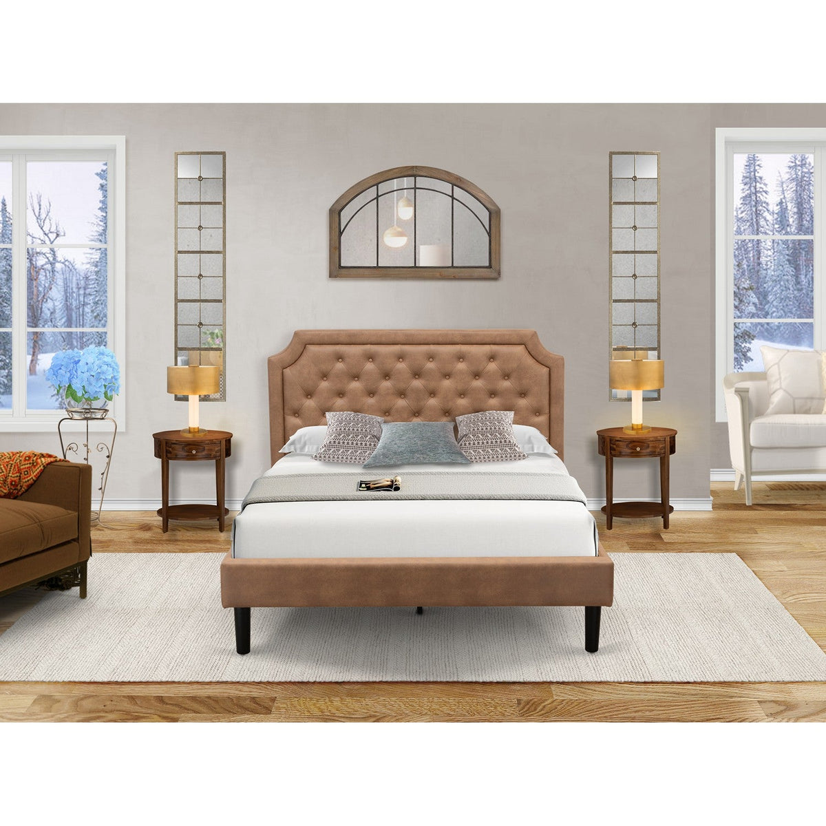 Queen Size Faux Leather Platform Bed Frame with Button Tufted