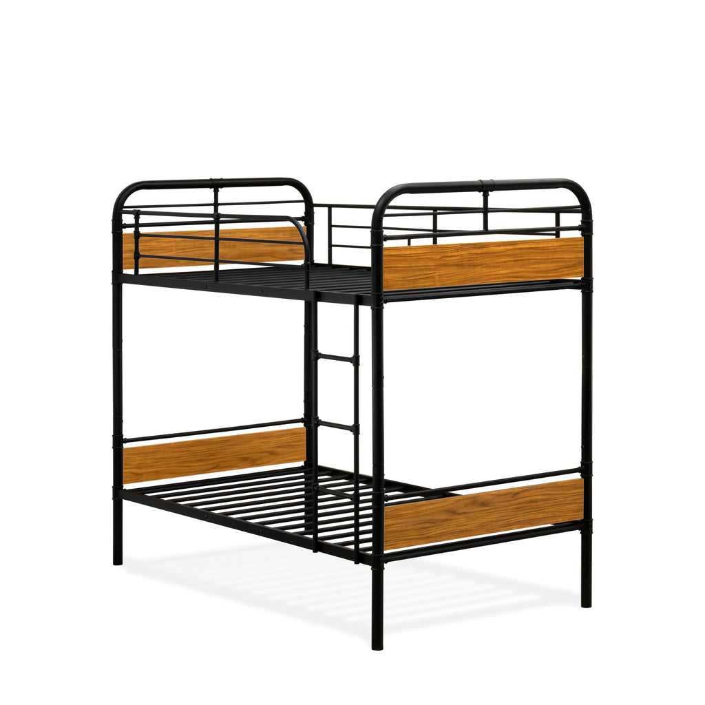East West Furniture HYT0B01-1 Hedley Bunk Bed Frame with 4 Metal Legs - Magnificent Twin Bed in Powder Coating Black Color and Weather Wood Laminate