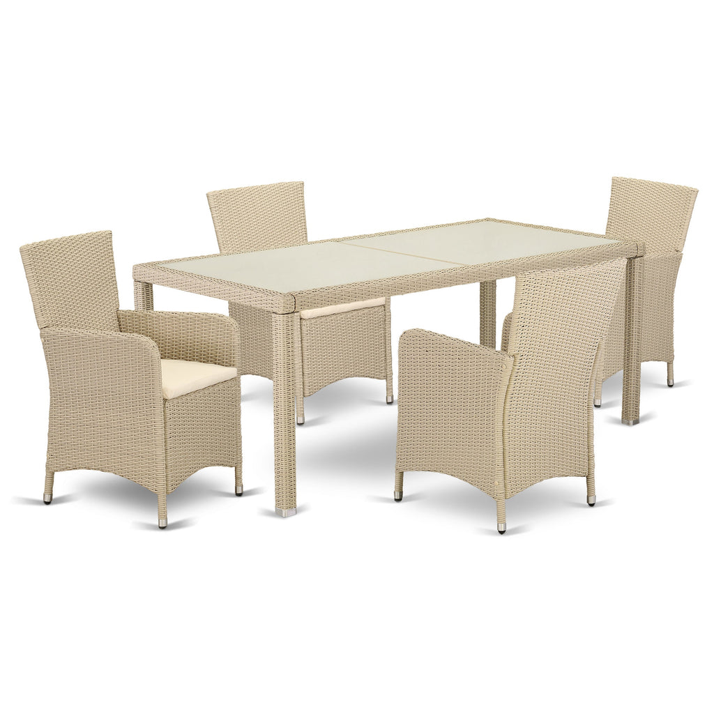 East West Furniture LULU5-53V 5 Piece Outdoor Patio Conversation Sets Includes a Rectangle Wicker Dining Table with Glass Top and 4 Balcony Backyard Armchair with Cushion, 36x73 Inch, Cream