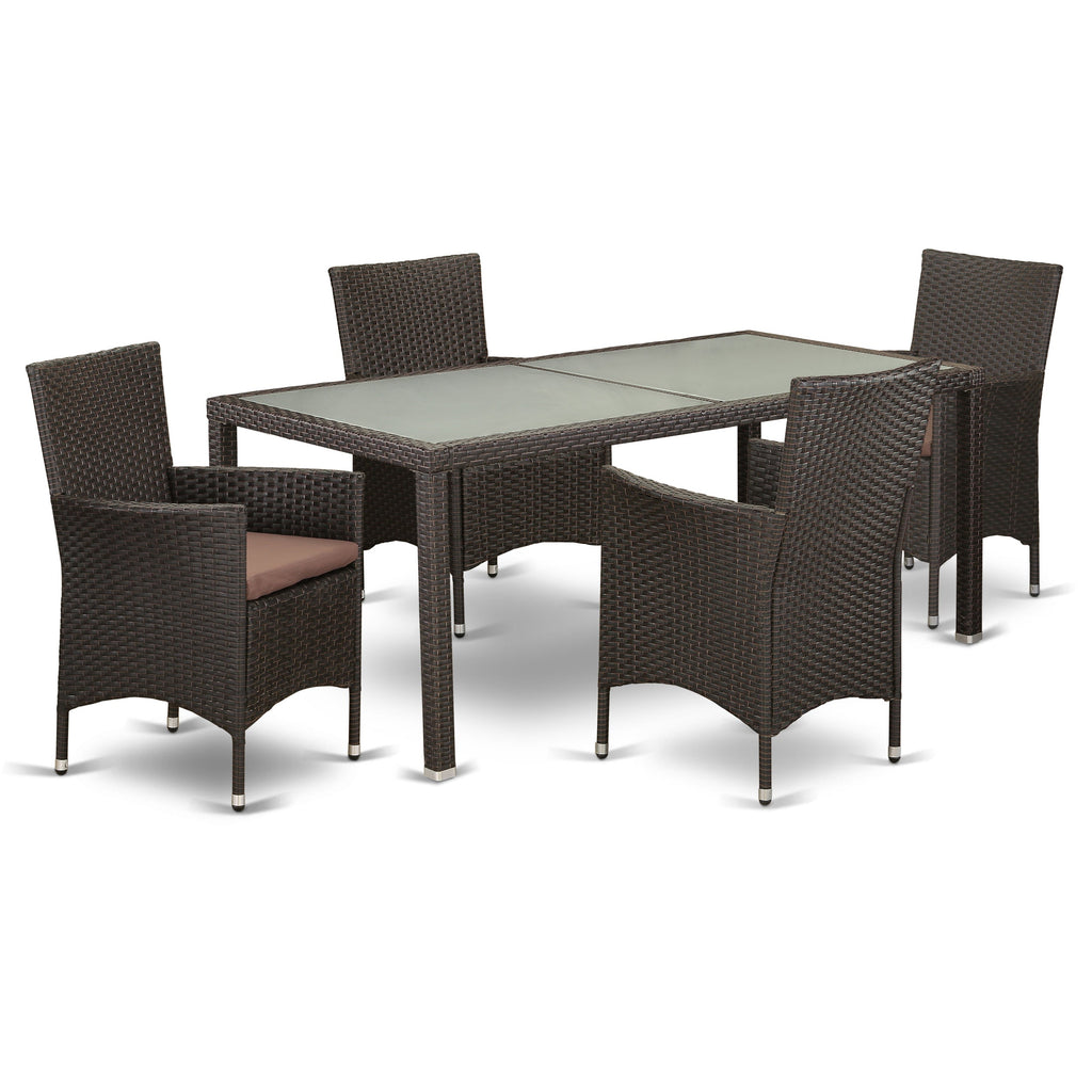 East West Furniture LUVL5-63S 5 Piece Outdoor Wicker Patio Furniture Sets Includes a Rectangle Bistro Dining Table with Glass Top and 4 Balcony Armchair with Cushion, 36x73 Inch, Dark Brown