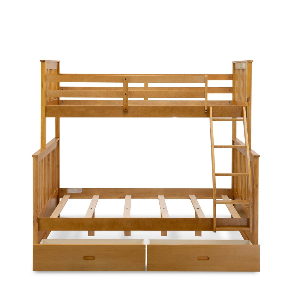 ODB-09-WA beautiful kid’s twin bed- two split beds, a ladder with five steps and the both beds secure due to guard rails and two drawers- Twin/Full-size bunk bed-Natural Oak Finish