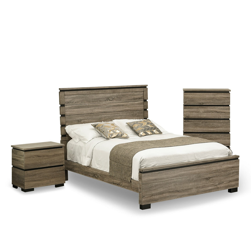 East West Furniture Savona 3 Piece Queen Size Bedroom Set in Antique Gray Finish with Queen Bed,Nightstand Chest