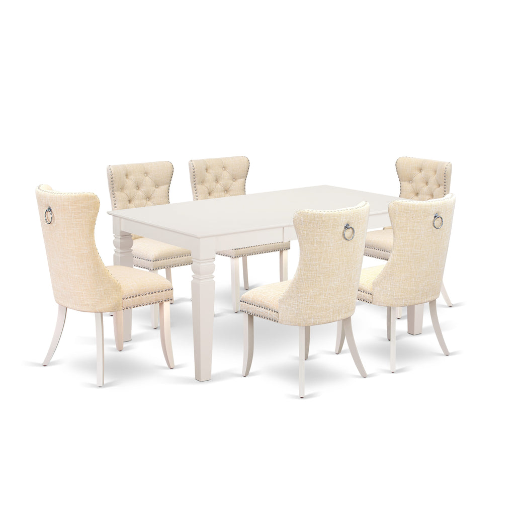 East West Furniture WEDA7-WHI-32 7 Piece Kitchen Set Consists of a Rectangle Dining Table with Butterfly Leaf and 6 Upholstered Chairs, 42x60 Inch, linen white