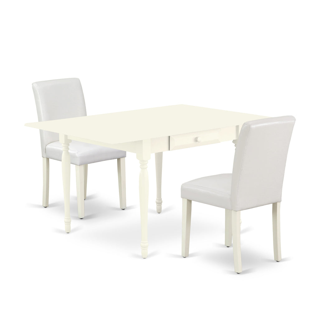 East West Furniture 1MZAB3-LWH-64 3Pc Dining Table Set for 2 Includes a Small Dining Table and 2 Parsons Chairs with White Color PU Leather, Drop Leaf Table with Full Back Chairs, Linen White Finish