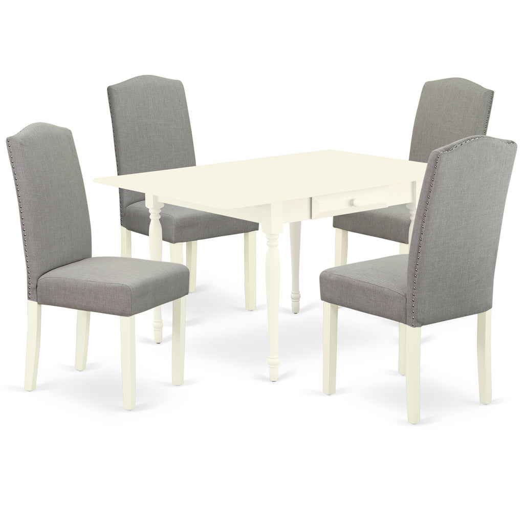 East West Furniture 1MZEN5-LWH-06 5 Piece Dinette Set Includes a Rectangle Dining Room Table with Dropleaf and 4 Dark Shitake Linen Fabric Upholstered Parson Chairs, 36x54 Inch, Linen White