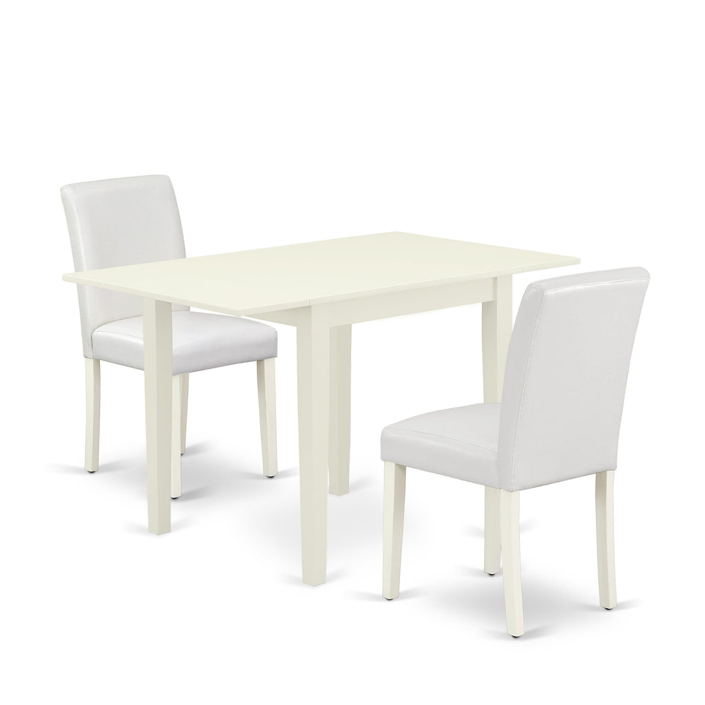 East West Furniture 1NDAB3-LWH-64 3 Piece Kitchen Table Set Contains a Rectangle Dining Room Table with Dropleaf and 2 White Faux Leather Parsons Dining Chairs, 30x48 Inch, Linen White