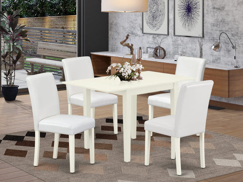 East West Furniture 1NDAB5-LWH-64 5 Piece Dinette Set for 4 Includes a Rectangle Dining Room Table with Dropleaf and 4 White Faux Leather Parson Dining Chairs, 30x48 Inch, Linen White