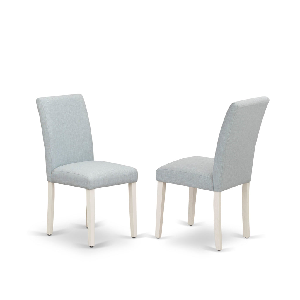 East West Furniture V027AB015-7 7 Piece Dining Table Set Consist of a Rectangle Dining Room Table with V-Legs and 6 Baby Blue Linen Fabric Upholstered Chairs