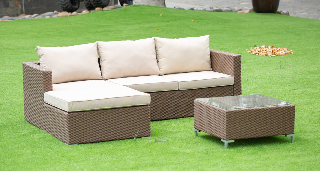 East West Furniture ACL3S02A 3 Piece Patio Conversation Set - Outdoor Sectional Sofa Set  Contains a Rectangle Glass Top Wicker Coffee Table  and Linen Fabric Cushion