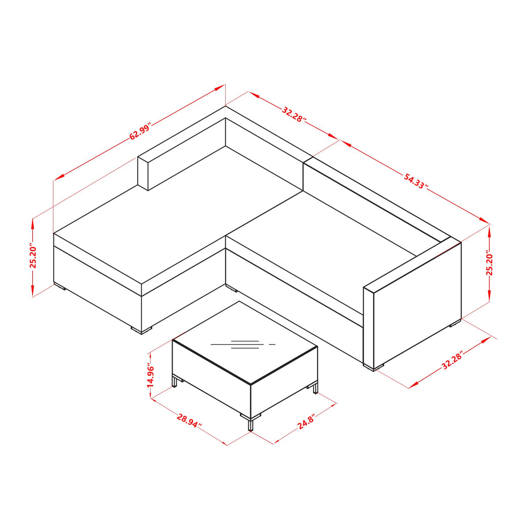 East West Furniture ACL3S02A 3 Piece Patio Conversation Set - Outdoor Sectional Sofa Set  Contains a Rectangle Glass Top Wicker Coffee Table  and Linen Fabric Cushion