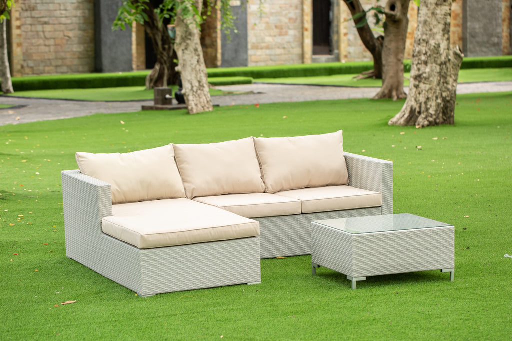 East West Furniture ACL3S03A 3 Piece Patio Furniture Set - Outdoor Sectional Sofa Set  Contains a Rectangle Glass Top Bistro Wicker Tea Table  and Linen Fabric Cushion