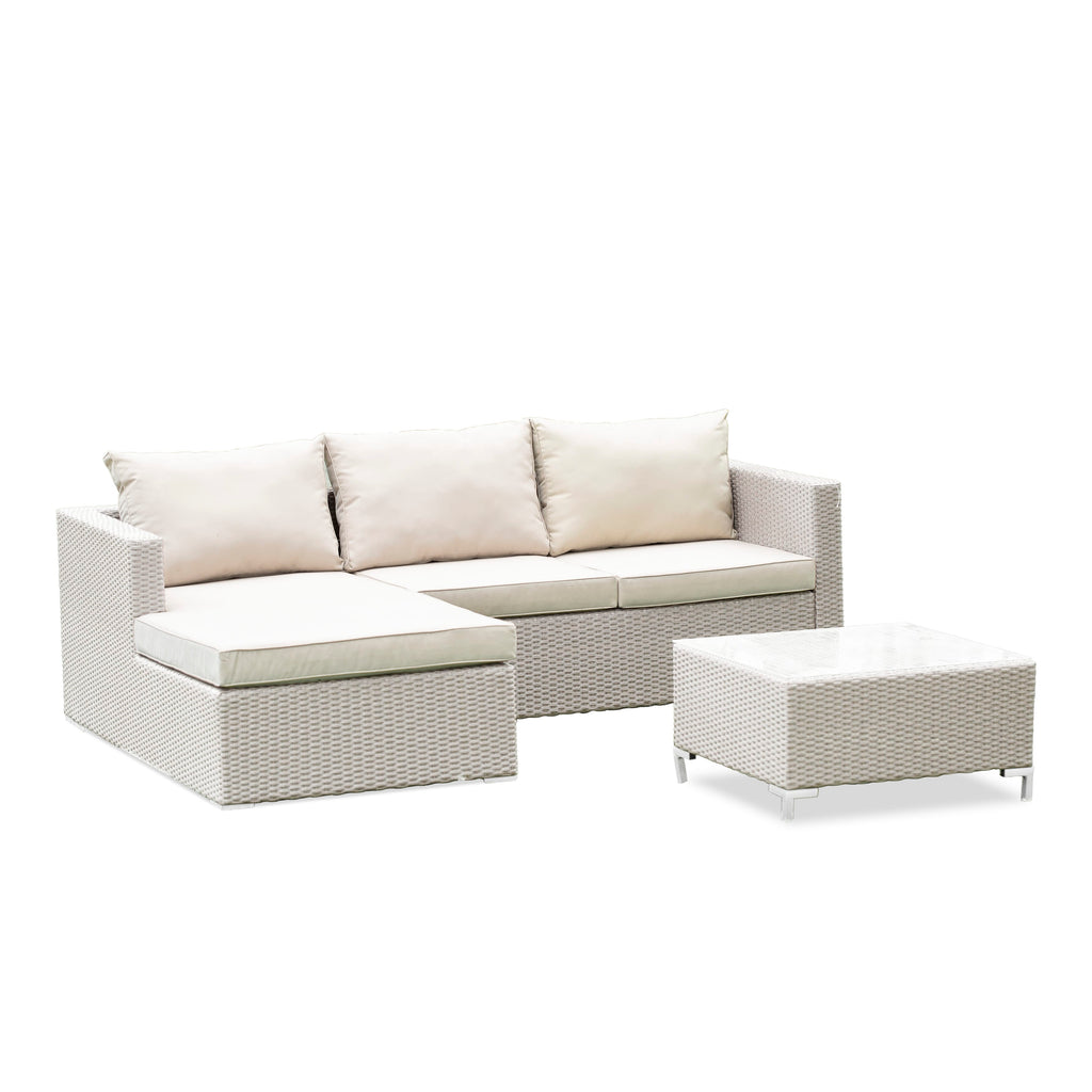 East West Furniture ACL3S03A 3 Piece Patio Furniture Set - Outdoor Sectional Sofa Set  Contains a Rectangle Glass Top Bistro Wicker Tea Table  and Linen Fabric Cushion