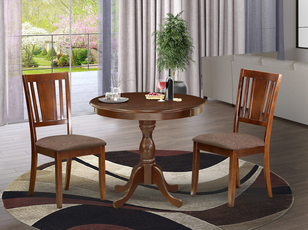 East West Furniture AMDU3-MAH-C 3 Piece Dining Set Contains a Round Kitchen Table with Pedestal and 2 Linen Fabric Dining Room Chairs, 36x36 Inch, Mahogany