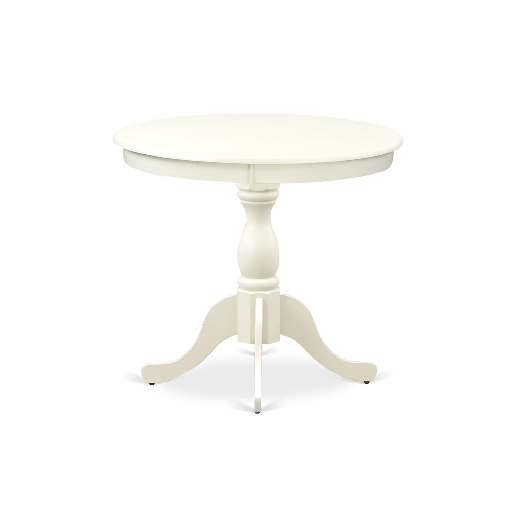 East West Furniture AMT-LWH-TP Antique Modern Dining Table - a Round Kitchen Table Top with Pedestal Base, 36x36 Inch, Linen White