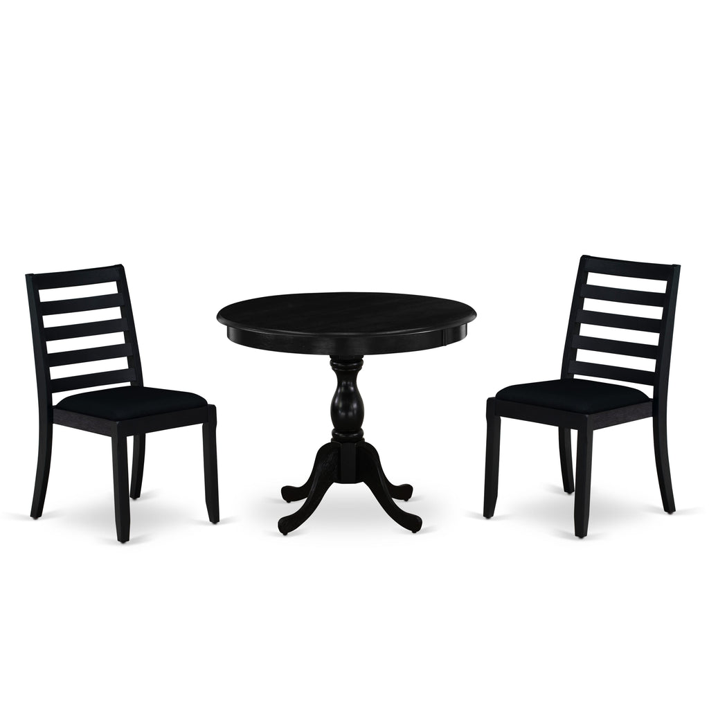 East West Furniture AMX13-ABK-24 -3 Piece Dining Set Includes a Round Kitchen Table with Wire Brushed Black Tabletop & 2 Stackable Linen Fabric Chairs, Wire Brushed Black