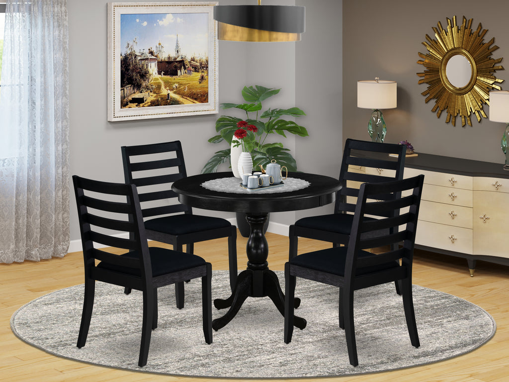 East West Furniture AMX15-ABK-24 -5 Piece Dining Set Includes a Round Kitchen Table with Wire Brushed Black Tabletop & 4 Stackable Linen Fabric Chairs, Wire Brushed Black