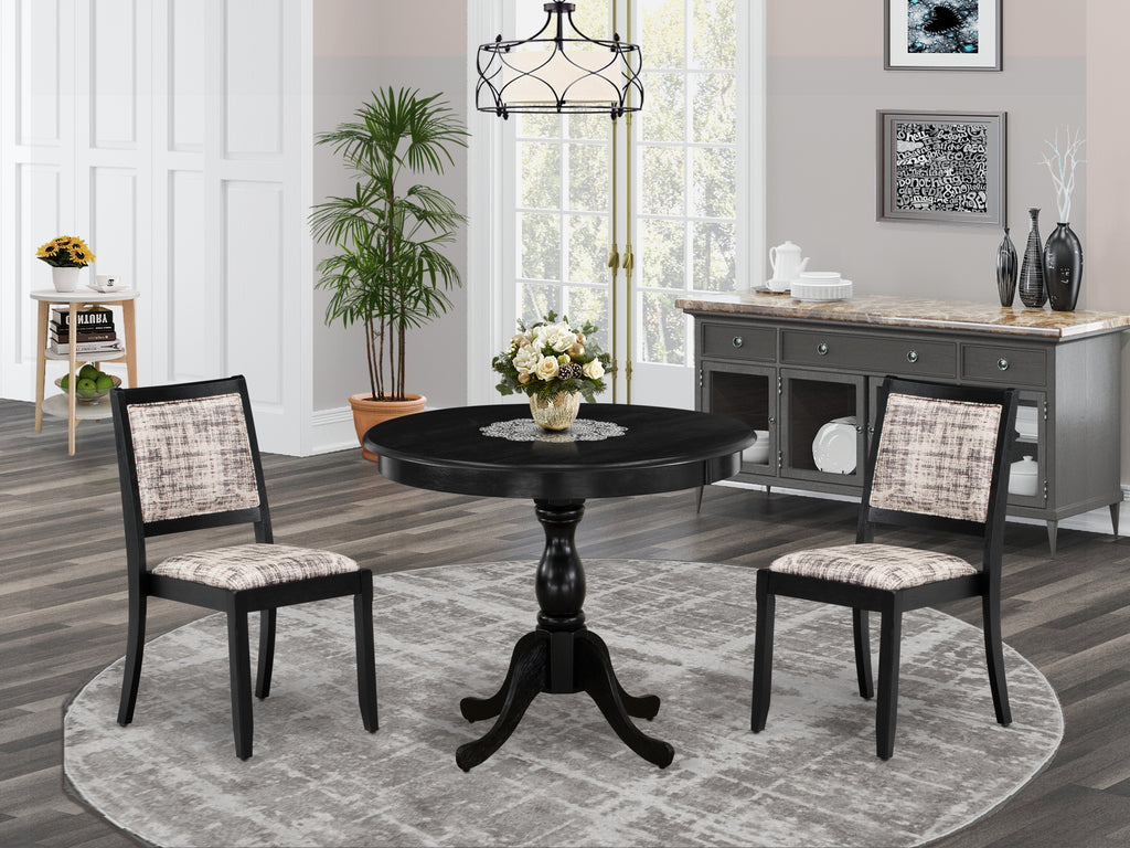 East West Furniture AMX23-ABK-30 -3 Piece Dining Set Includes a Round Kitchen Table with Wire Brushed Black Tabletop & 2 Stackable Faux Leather Chairs, Wire Brushed Black