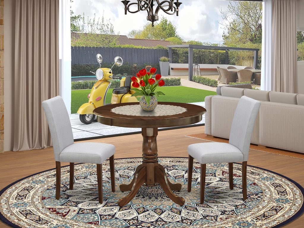East West Furniture ANAB3-AWA-05 3 Piece Modern Dining Table Set Includes a Round Kitchen Table with Pedestal and 2 Parson Dining Chairs, 36x36 Inch, Antique Walnut