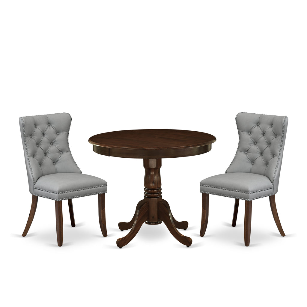 East West Furniture ANDA3-AWA-27 3 Piece Dining Room Table Set Consists of a Round Kitchen Table with Pedestal and 2 Parson Chairs, 36x36 Inch, Antique Walnut