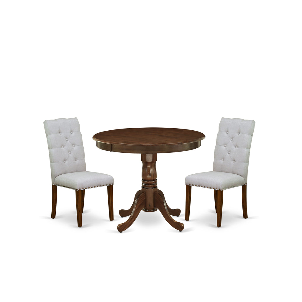 East West Furniture ANEL3-AWA-05 3 Piece Dining Table Set for Small Spaces Consist of a Round Kitchen Table with Pedestal and 2 Parson Chairs, 36x36 Inch, Antique Walnut