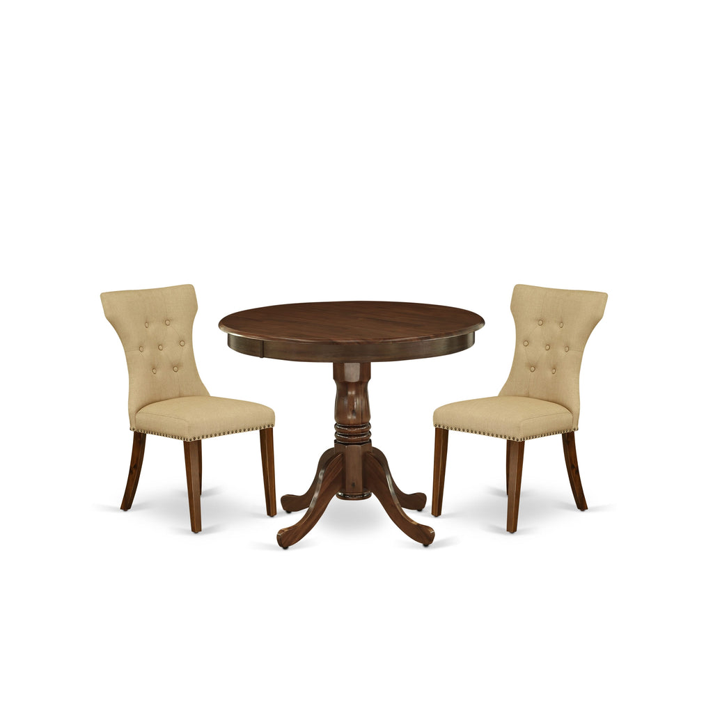 East West Furniture ANGA3-AWA-03 3 Piece Dining Set Contains a Round Dining Room Table with Pedestal and 2 Upholstered Chairs, 36x36 Inch, Antique Walnut