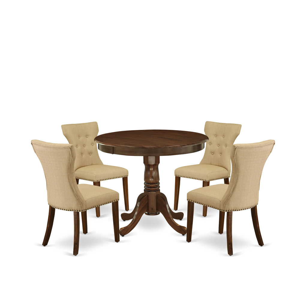 East West Furniture ANGA5-AWA-03 5 Piece Dining Table Set for Small Spaces Consist of a Round Dining Room Table with Pedestal and 4 Parson Kitchen Chairs, 36x36 Inch, Antique Walnut