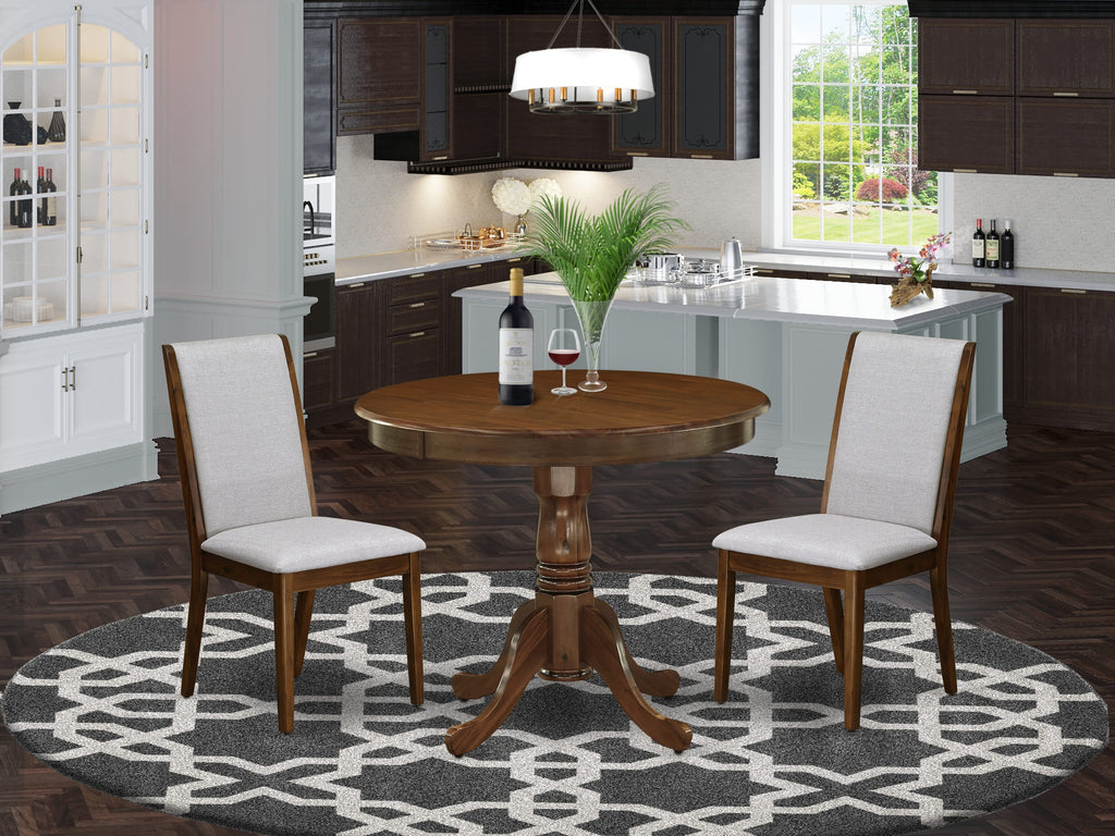 East West Furniture ANLA3-AWA-05 3 Piece Dining Set Includes a Round Kitchen Table with Pedestal and 2 Parson Chairs, 36x36 Inch, Antique Walnut