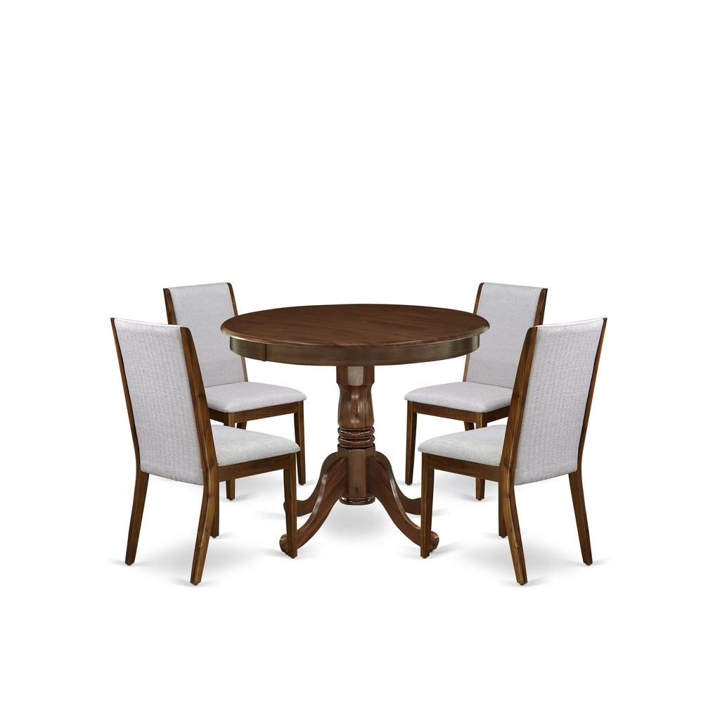 East West Furniture ANLA5-AWA-05 5 Piece Dining Table Set for Small Spaces Contains a Round Kitchen Table with Pedestal and 4 Parson Chairs, 36x36 Inch, Antique Walnut