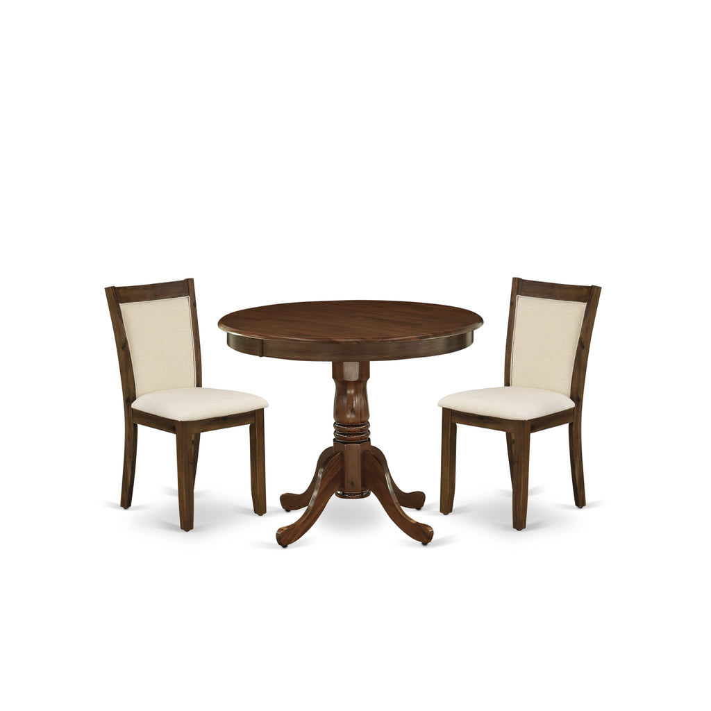 East West Furniture ANMZ3-AWA-32 3 Piece Dining Room Table Set  Consist of a Round Kitchen Table with Pedestal and 2 Parson Dining Chairs, 36x36 Inch, Antique Walnut