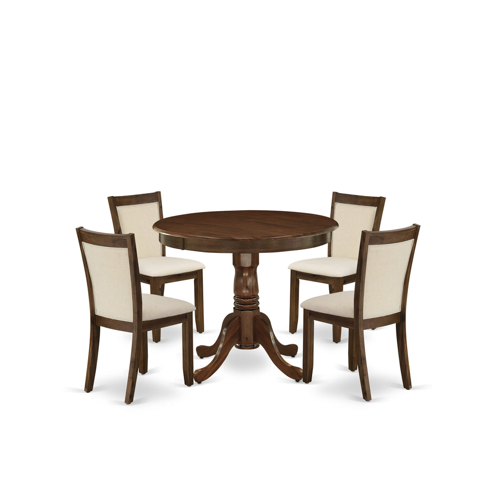 East West Furniture ANMZ5-AWA-32 5 Piece Dining Set Includes a Round Wooden Table with Pedestal and 4 Parson Kitchen Chairs, 36x36 Inch, Antique Walnut