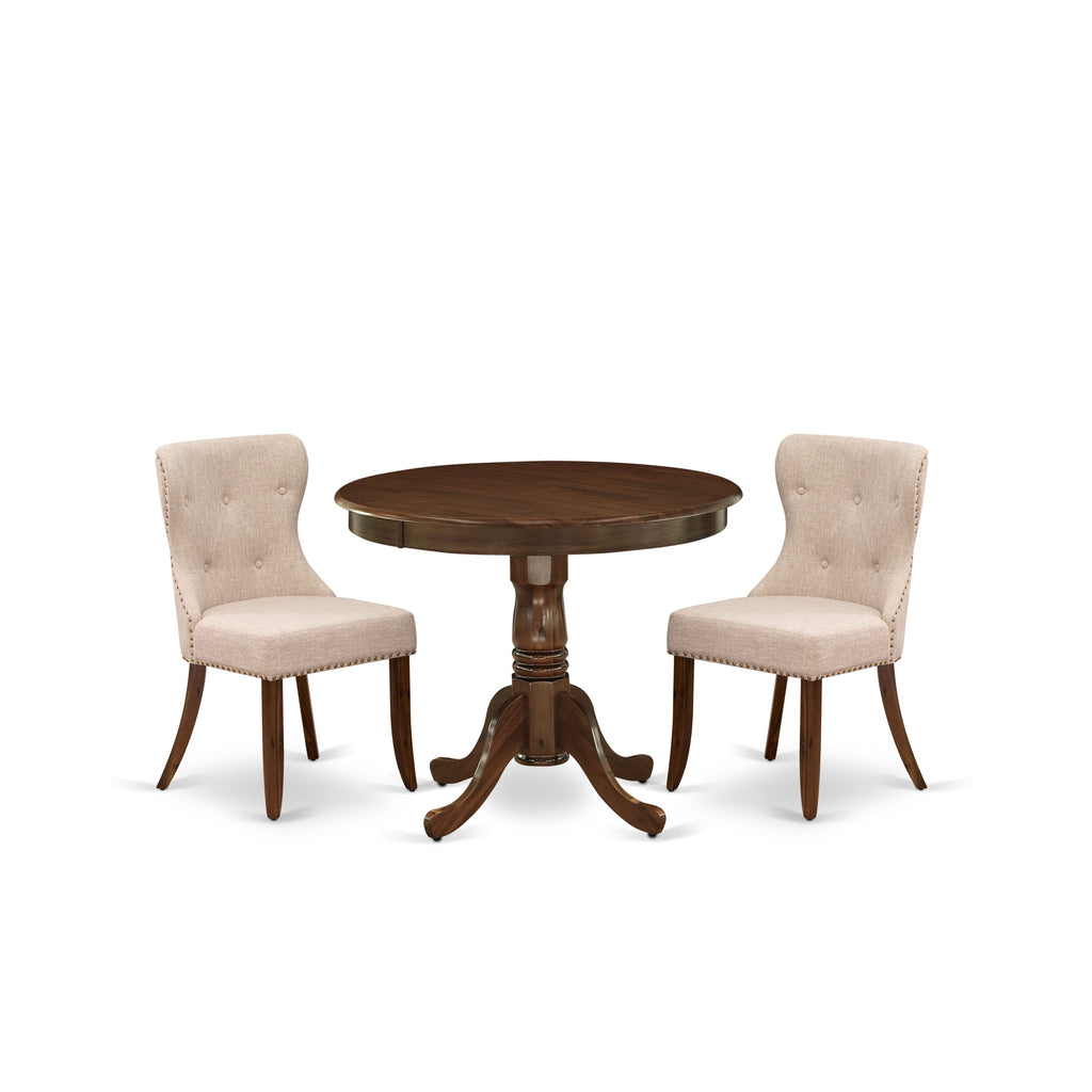 East West Furniture ANSI3-AWA-04 3 Piece Dinette Set for Small Spaces Contains a Round Kitchen Table with Pedestal and 2 Parson Dining Chairs, 36x36 Inch, Antique Walnut