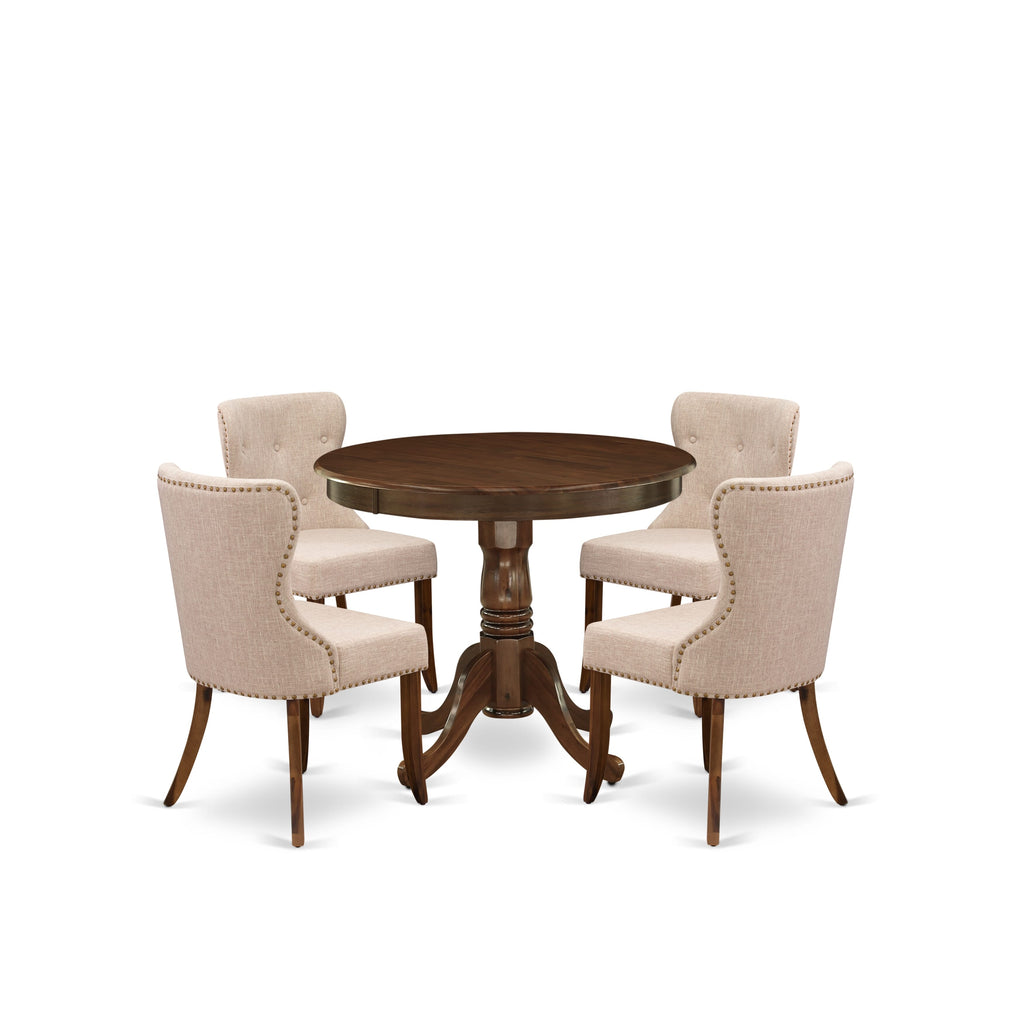 East West Furniture ANSI5-AWA-04 5 Piece Dining Room Table Set  Consist of a Round Dining Table with Pedestal and 4 Upholstered Parson Chairs, 36x36 Inch, Antique Walnut