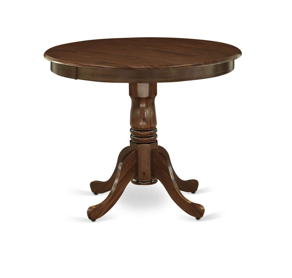 East West Furniture ANX15-AWA-04 -5 Piece Dining Set Includes a Round Kitchen Table with Antique Walnut Tabletop and 4 Stackable Linen Fabric Chairs, Antique Walnut