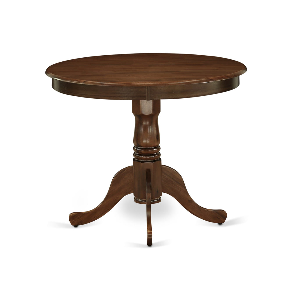 East West Furniture ANSI5-AWA-04 5 Piece Dining Room Table Set  Consist of a Round Dining Table with Pedestal and 4 Upholstered Parson Chairs, 36x36 Inch, Antique Walnut