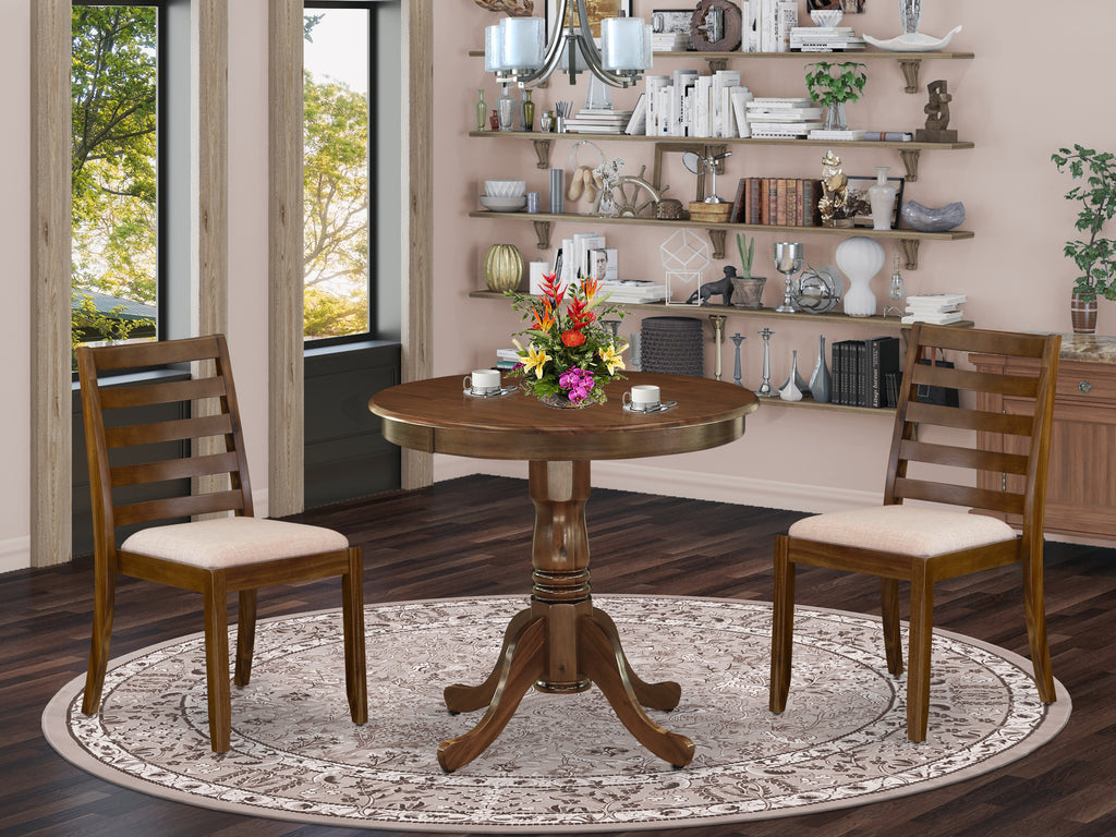 East West Furniture ANX13-AWA-04 -3 Piece Dining Set Includes a Round Kitchen Table with Antique Walnut Tabletop and 2 Stackable Linen Fabric Chairs, Antique Walnut