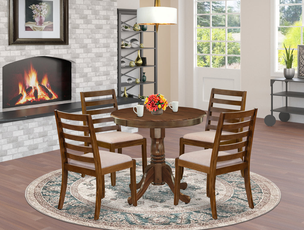 East West Furniture ANX15-AWA-04 -5 Piece Dining Set Includes a Round Kitchen Table with Antique Walnut Tabletop and 4 Stackable Linen Fabric Chairs, Antique Walnut