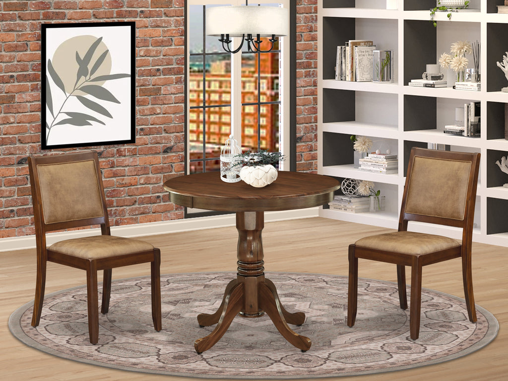 East West Furniture ANX23-AWA-28 -3 Piece Dining Set Includes a Round Kitchen Table with Antique Walnut Tabletop and 2 Stackable Faux Leather Chairs, Antique Walnut