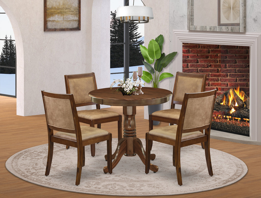 East West Furniture ANX25-AWA-28 -5 Piece Dining Set Includes a Round Kitchen Table with Antique Walnut Tabletop and 4 Stackable Faux Leather Chairs, Antique Walnut