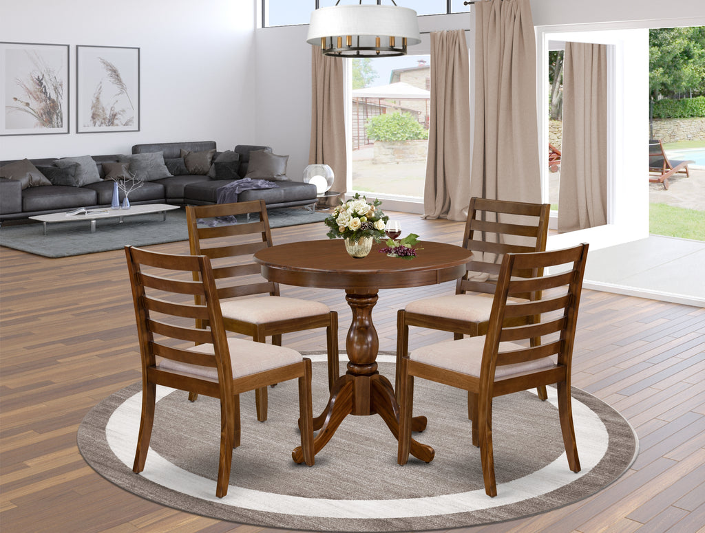 East West Furniture ASX15-AWA-04 -5 Piece Dining Set Includes a Round Kitchen Table with Antique Walnut Tabletop and 4 Stackable Linen Fabric Chairs, Antique Walnut