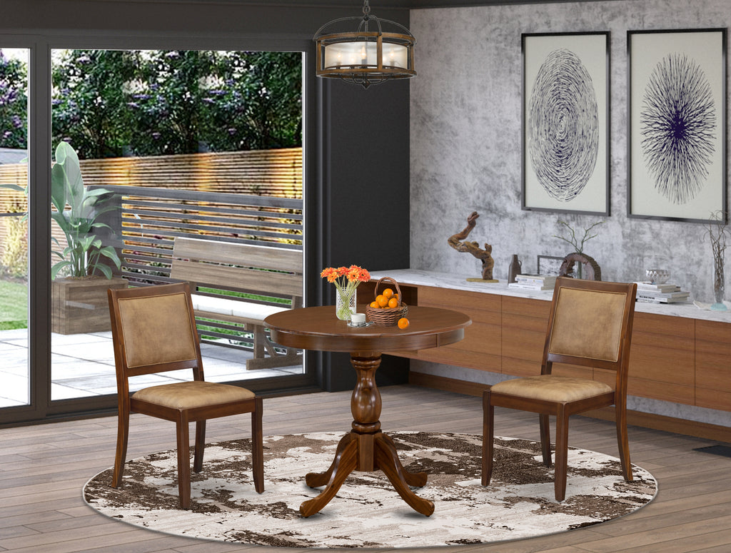 East West Furniture ASX23-AWA-28 -3 Piece Dining Set Includes a Round Kitchen Table with Antique Walnut Tabletop and 2 Stackable Faux Leather Chairs, Antique Walnut