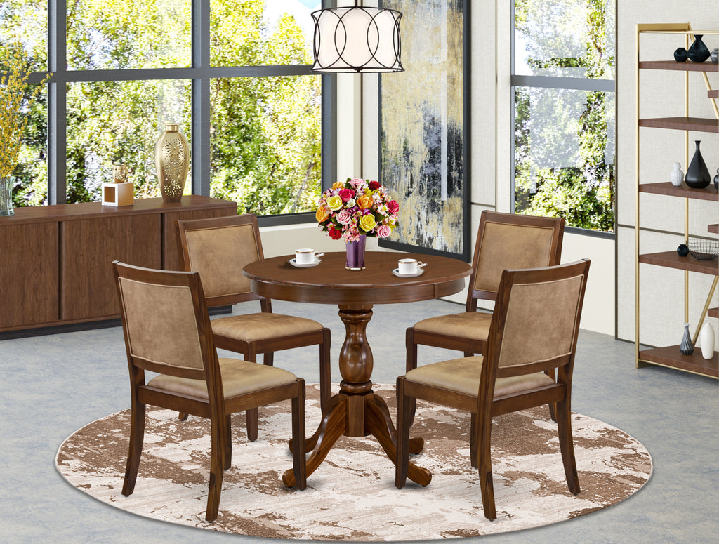 East West Furniture ASX25-AWA-28 -5 Piece Dining Set Includes a Round Kitchen Table with Antique Walnut Tabletop and 4 Stackable Faux Leather Chairs, Antique Walnut