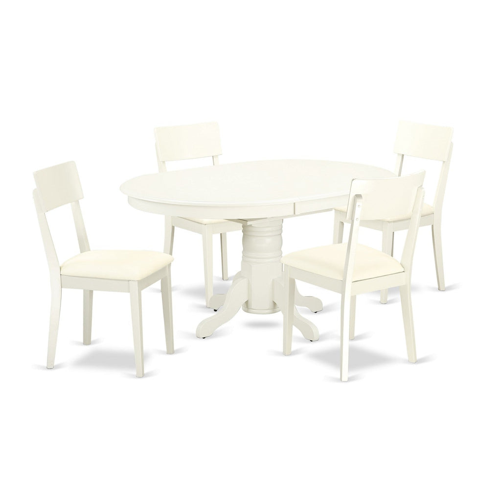 East West Furniture AVAD5-LWH-LC 5 Piece Modern Dining Table Set Includes an Oval Wooden Table with Butterfly Leaf and 4 Faux Leather Kitchen Dining Chairs, 42x60 Inch, Linen White