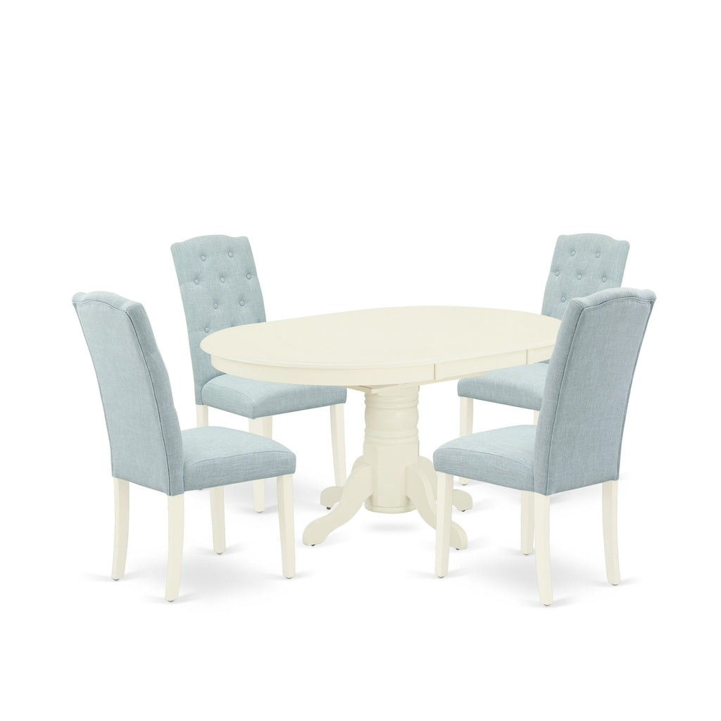 East West Furniture AVCE5-LWH-15 5 Piece Dining Table Set Includes an Oval Dining Room Table with Butterfly Leaf and 4 Baby Blue Linen Fabric Parsons Chairs, 42x60 Inch, Linen White