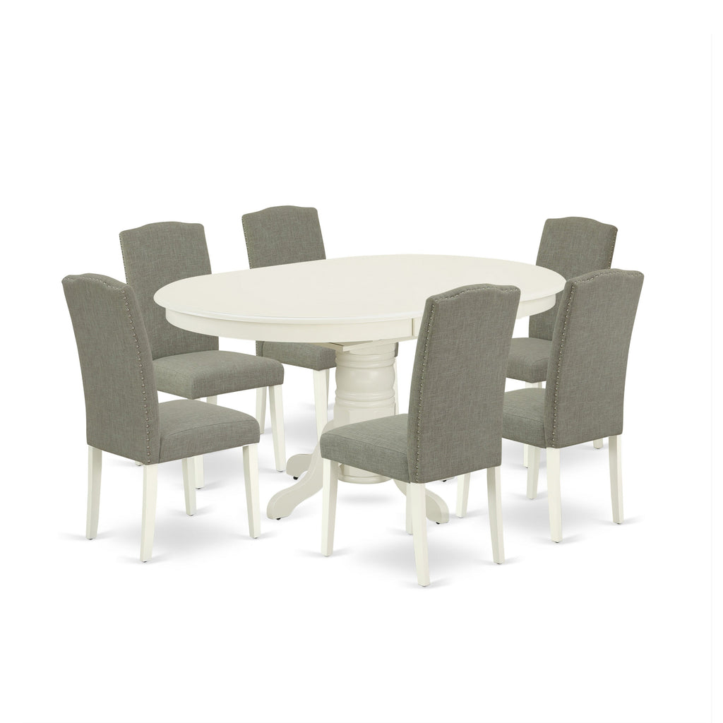 East West Furniture AVEN7-LWH-06 7 Piece Kitchen Table Set Consist of an Oval Dining Table with Butterfly Leaf and 6 Dark Shitake Linen Fabric Parson Chairs, 42x60 Inch, Linen White